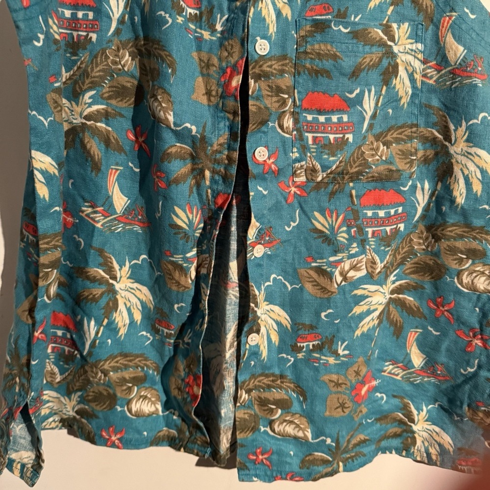 Vtg Eddie Bauer XL Linen Button Down Tank Hawaiian Alpha Resort Tropical - Picture 3 of 5